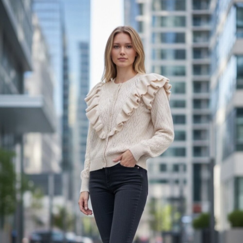 NWT Bagatelle Collection Ivor Ruffle Open Knit Cardigan Sweater Frilly Shoulders